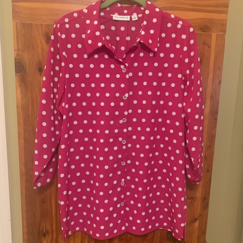 Susan Graver Polka Dot Shirt with Ruched Sleeves - Picture 10 of 10
